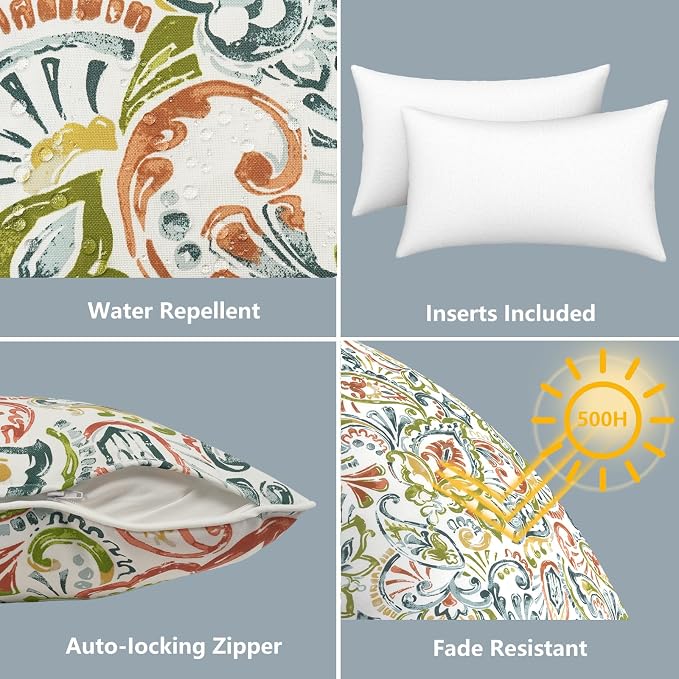 LVTXIII 2 Pack Outdoor Lumbar Pillows 12x20 Inch with White Piping, Fade Resistant Support Throw Pillows with Inserts for Patio Furniture, Sofa, Chair, Paisley Botanical