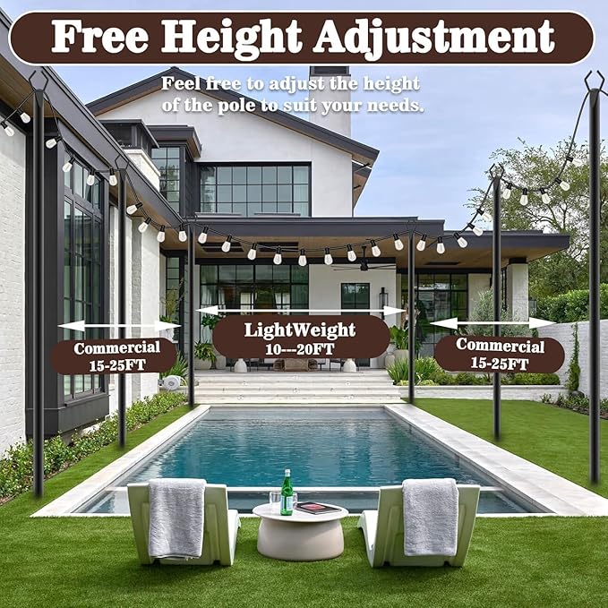 AILBTON 10Ft String Light Poles 8 Pack,Light Poles for Outside Lights,Outdoor with Fence Brackets Hanging Lights,Metal Stand Deck Patio Backyard