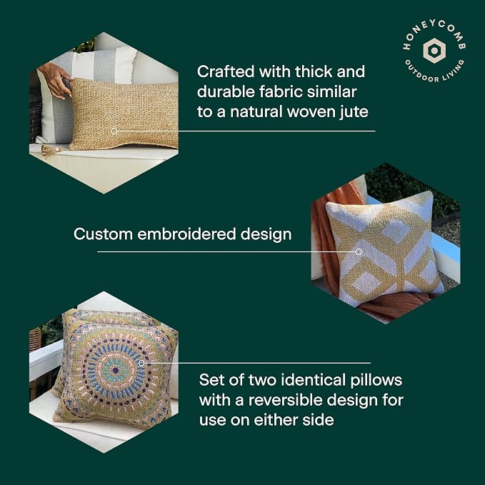 Honeycomb Outdoor Lumbar Pillows for Patio Furniture, 12 x 19, 2-Pack | Raffia Seashore Reef Throw Pillows, Water & Fade Resistant for Patio Furniture Set, 2-Pack