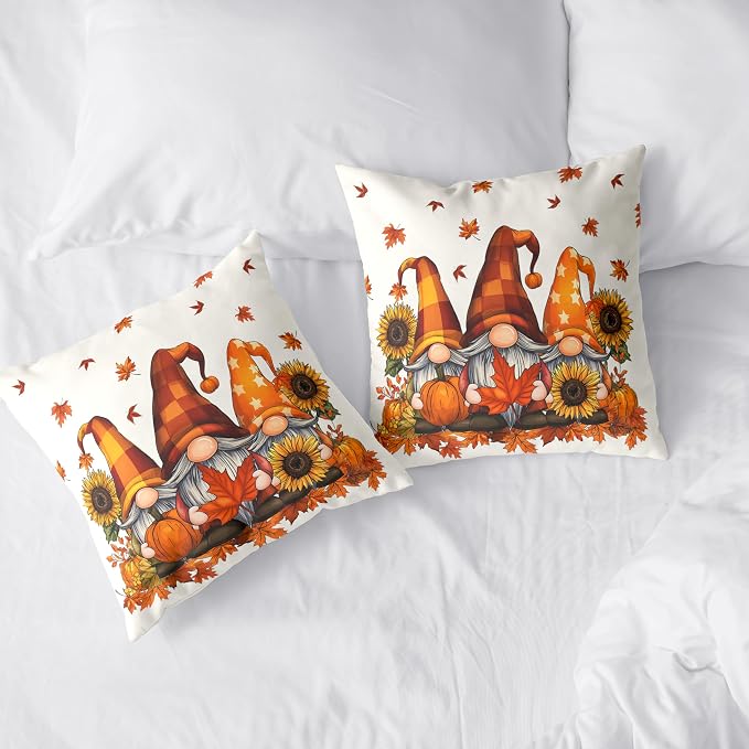 Fall Gnome Pillow Covers 22x22 Set of 2 Pumpkin Sunflower Maple Leaves Throw Pillow Covers Autumn Pillow Case Thanksgiving Cushion Case for Home Decor Couch Sofa