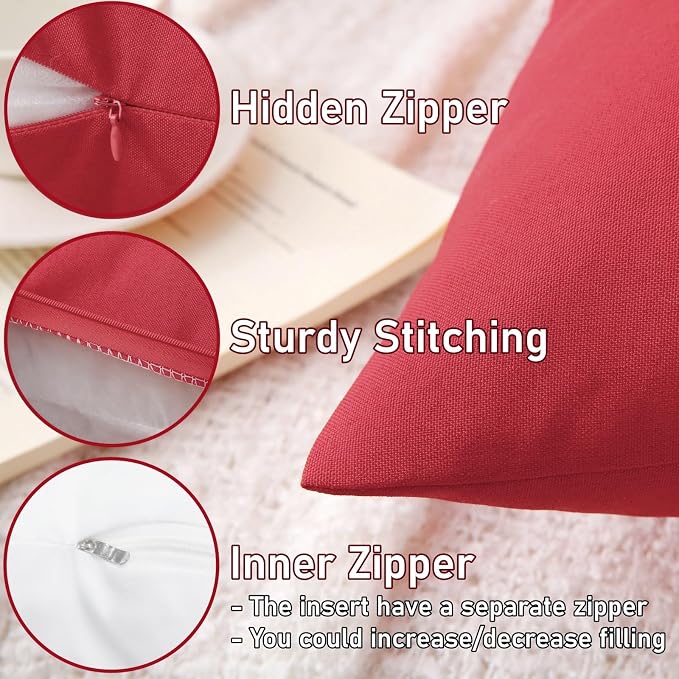 Outdoor Throw Pillows with Inserts, Waterproof Pillows for Outdoor Seating, Square Decorative Garden Cushion for Patio Furniture, Bed, Couch, Sofa(Red, 18" x 18" (Pack of 2))