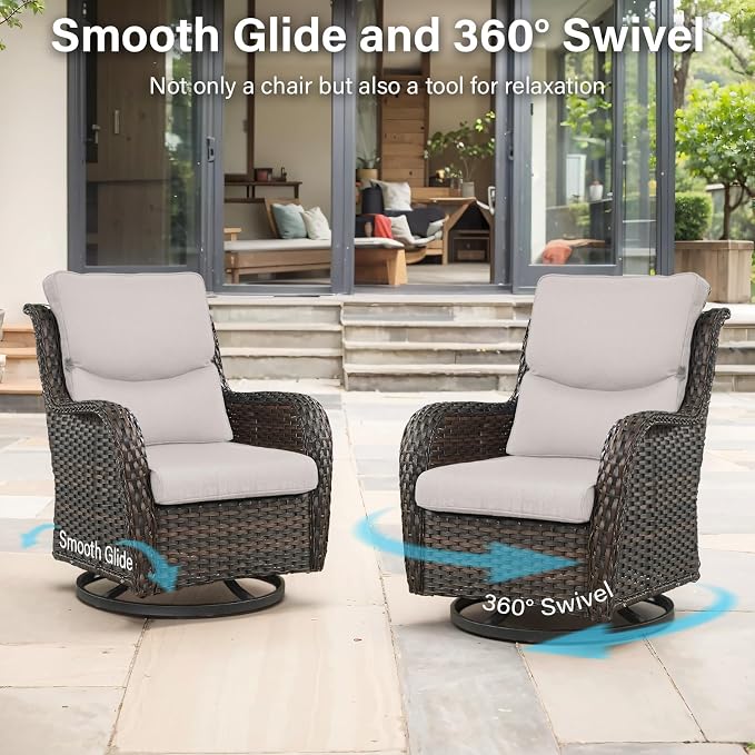 Outdoor Swivel Rocker Patio Chairs with 2 Ottomans - 5" Thick Cushion 5 Piece Furniture Set All Weather Wicker Conversation Set with Side Table for Porch Poolside and Deck - Brown/Beige