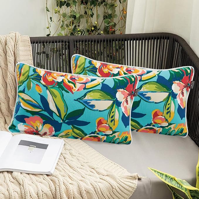 Outdoor Lumbar Pillow Covers 12X20 Inch, No Insert-Rosario Flower Leaf | Patio Lumbar Cases Pack of 2, Water-Repellent, Throw Pillowcase for Couch Garden Furniture