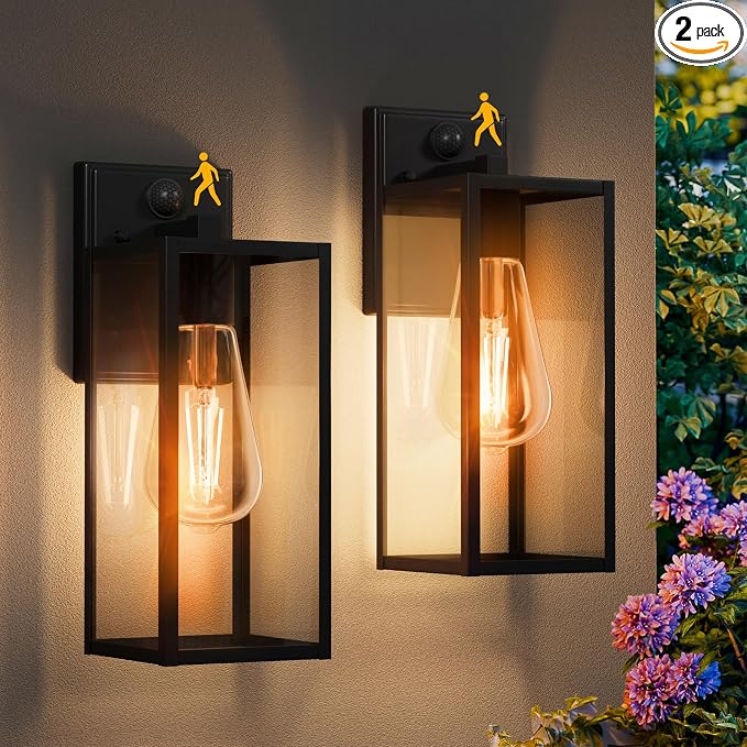15'' Black Motion Sensor Outdoor Front Porch Lights for Outside, Large Exterior Lighting Fixtures Wall Mount for House, Wall Sconce Lamp, Waterproof Lantern Coach Lights for Garage, Entryway,Yard