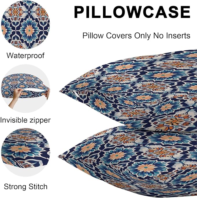 Orange Blue Outdoor Pillow Covers 20x12 Inch Lumbar Pillow Covers Set of 2 Waterproof Decorative Throw Pillow Cases Morocco Boho Abstract Floral Ethnic Tribal Cushion Covers for Patio Furniture Garden