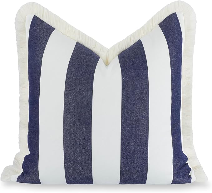 Hofdeco Premium Coastal Hampton Outdoor Performance Throw Pillow Cover Only, 20"x20" Water Repellent, UV and Fade Resistant for Backyard, Couch, Poolside, Indigo Blue Woven Beach Stripes