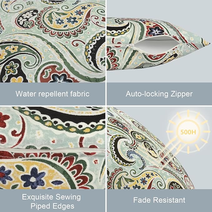 LVTXIII Outdoor Lumbar Pillow Covers Only Set of 2 Patio Decorative Pillow Cases, Water Repellent Lumbar Cushion Cases for Sofa, Patio Couch Garden Use, 12x20 Inch, Paisley Lightcyan