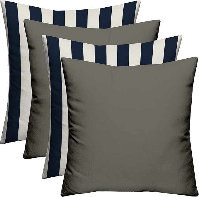 RSH DECOR Set of 4 Square Throw Pillows | Indoor/Outdoor All Weather Polyester Fabric | Decorative Accent Pillows for Patio Furniture | Reversible | 17" x 17" | Charcoal Grey + Navy & White Stripe