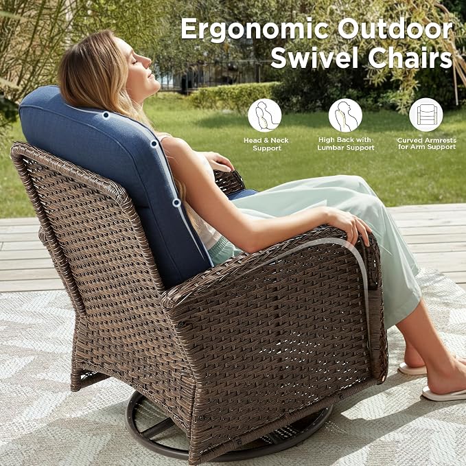 Luxury Wicker Patio Furniture Set with 6-Inch Thick Cushions, 6 Pieces Outdoor Swivel Rocker Patio Chairs Set of 4 with Rattan Side Table, Ooutdoor Patio Conversation Sets for Garden Porch Deck, Blue