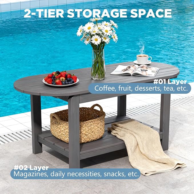 HIPS Outdoor Patio Furniture Coffee Table, All-Weather Outdoor Coffee Table, Modern Rectangle Coffee Table for Balcony, Garden, Straight Leg