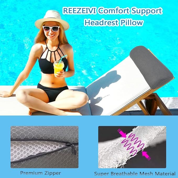 2 Pack Headrest Pillow for Patio Chaise Lounge,Recliner,Beach Chair,Gray | Resilient 3D mesh pillow with removable washable cover, adjustable elastic strap, ergonomic support, lightweight portable
