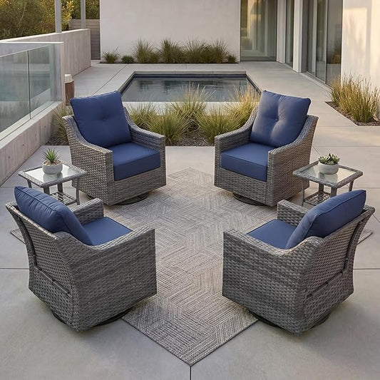 6 Piece Patio Furniture Set, Grey Wicker Outdoor Conversation Set with 4 Swivel Rocker Chairs and 2 Side Tables, 6-Inch Thick Cushions, Blue Olefin Covers for Patio, Porch, Deck