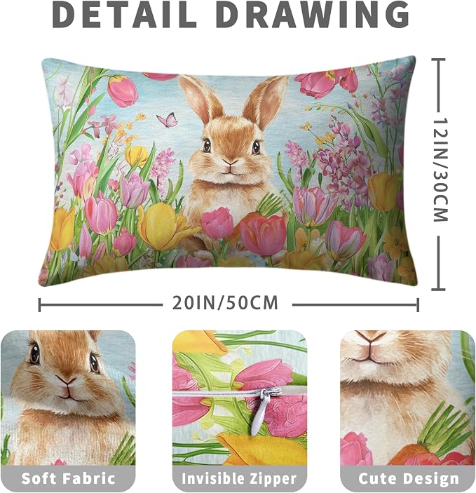 Easter Bunny Lumbar Pillow Covers 12x20 Set of 2 Lovely Rabbit with Tulip Throw Pillow Covers Spring Pillow Case Floral Cotton Blend Cushion Case for Easter Decor Sofa Patio Garden