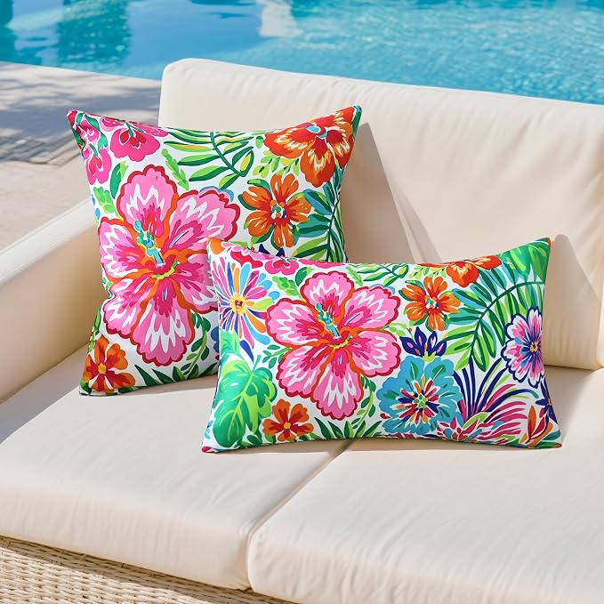 Outdoor Pillow Covers 20x20 Inch Set of 2, Tropical Floral Plants Modern Throw Pillows Cases, Spring Waterproof Square Garden Cushion Sham for Patio Funiture Tent Balcony Bench Sofa Couch