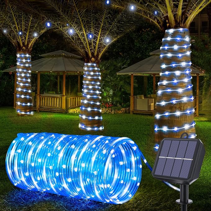 Jnaurb Solar Rope Lights, 66ft 200LED Solar String Lights, 8 Modes Waterproof Solar Outdoor Light, Flexible Clear Trampoline Light for Garden Backyard Patio Deck Porch Pool Tree Decor - White & Blue