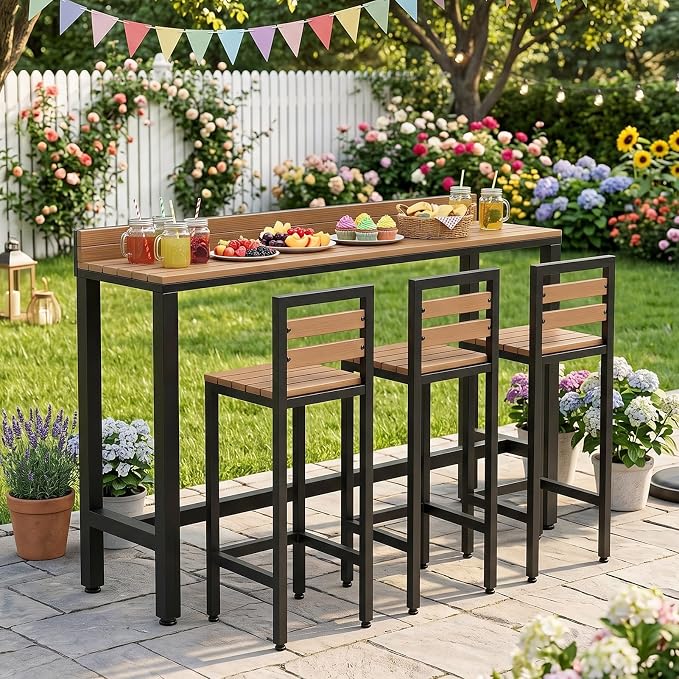 Outdoor Patio Bar Height Table with Baffle, Weather Resistant High Counter Table Porch Pub Tables Wood-Plastic Tabletop, for Poolside Garden Balcony Restaurant Cafe(Black,70.8"x15.7"x40.5")