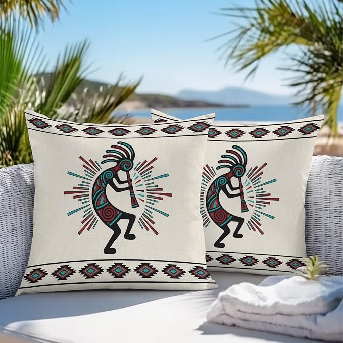 Boho Southwest Waterproof Outdoor Throw Pillow Covers 20''x20'' Pack 2, Aztec Ethnic Native Human Ethnic Plaid Pillow Cases Throw Cushion Cover with Zipper, Washable Pillowcase for Poolside Sofa