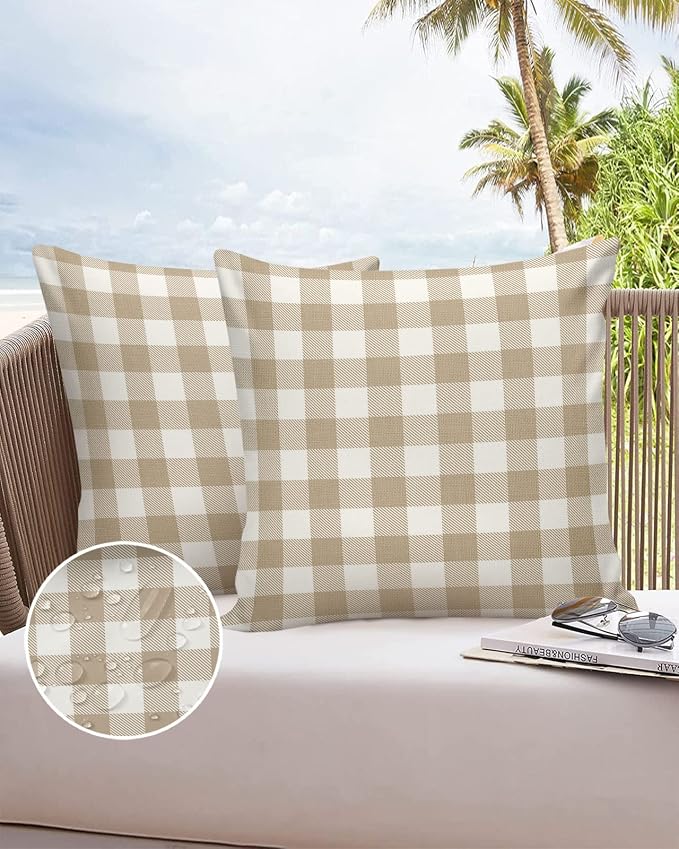 Outdoor Waterproof Throw Pillow Covers Set of 2 Khaki Buffalo Check Plaid Pillowcases 20x20 Inches Farmhouse Style Patio Decorative Pillows Cushion Case Patio Pillows for Couch Bed Chair Garden