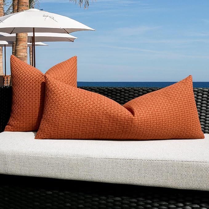 Kevin Textile Outdoor Waterproof 14"x36" Pillow Cover 1 Pack, Burnt Orange | Water Resistant Weaving Faux Linen Texture Throw Pillow Covers, Outside Decorative Pillowcases for Garden Patio Balcony Couch