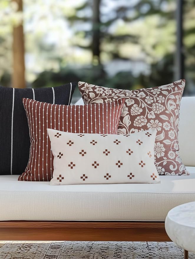 Modern Farmhouse Fall Linen Indoor Outdoor Throw Pillow Cover Only, 20"x20" Water Repellent for Patio, Backyard, Couch, Rust Neutral Embroidered Stripes