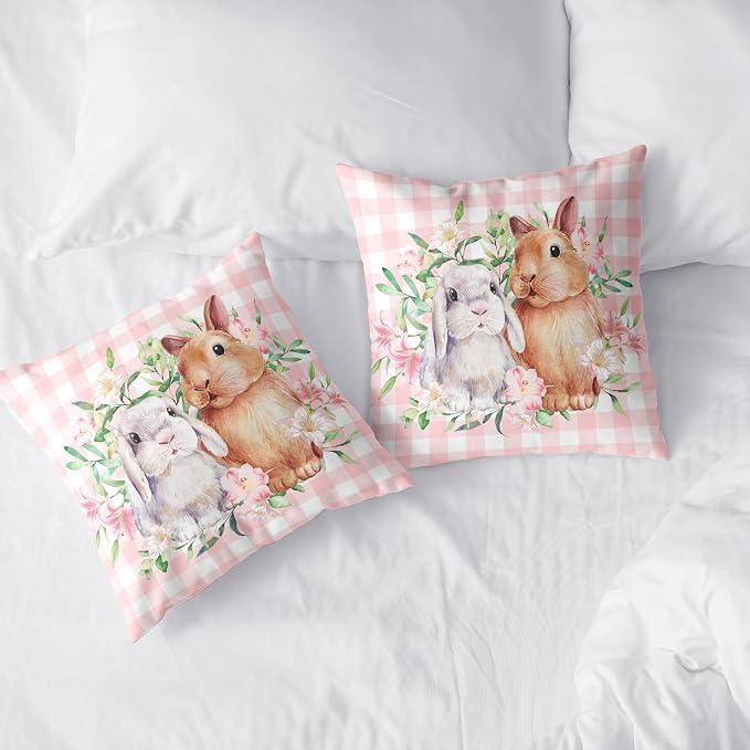 Spring Easter Pillow Covers 24x24 Pack of 2 Lovely Rabbit with Lily Flower Throw Pillow Covers Pink Plaid Bunny Pillow Case for Spring Easter Decoration Sofa Patio Garden