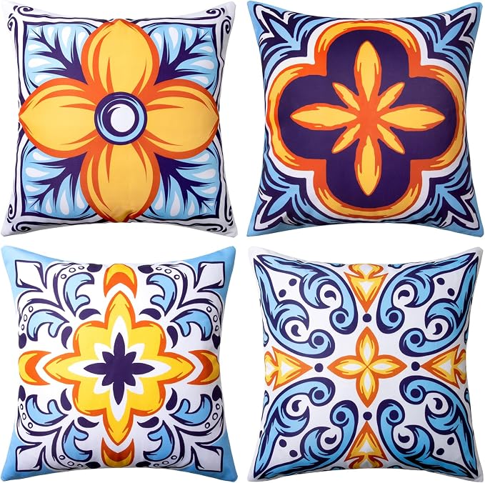 Waterproof Outdoor Pillow Covers, 4 Pack 18x18 Throw Pillow Covers | Blue Orange Decorative Pillow Covers, Floral & Boho Print, Waterproof & Fade Resistant, Cushion Case for Patio Furniture