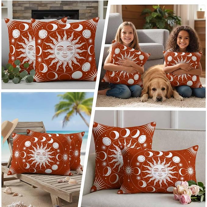 Celestial Sun and Moon Waterproof Outdoor Pillow Covers Set of 2 Home Decor, Burnt Orange Starry Galaxy Boho Pillowcase Patio Pillow Covers for Couch Bench Patio Furniture Garden 16x16in