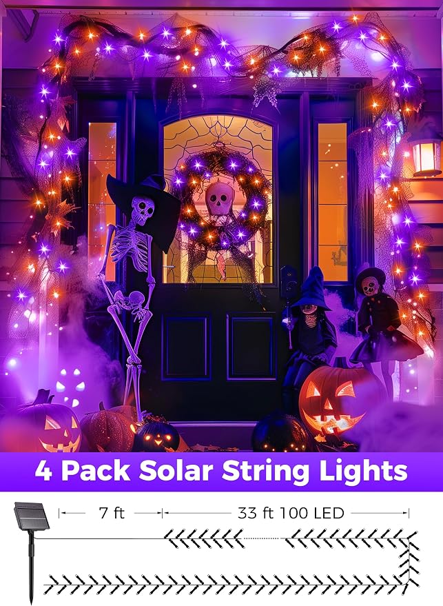 Minetom Halloween Solar Lights Outdoor,4Pack Total 160FT Halloweeen Light | 400 LED String Lights with 8 Lighting Modes,Black Wire Waterproof Solar String Lights for Outside Tree Party, Orange & Purple