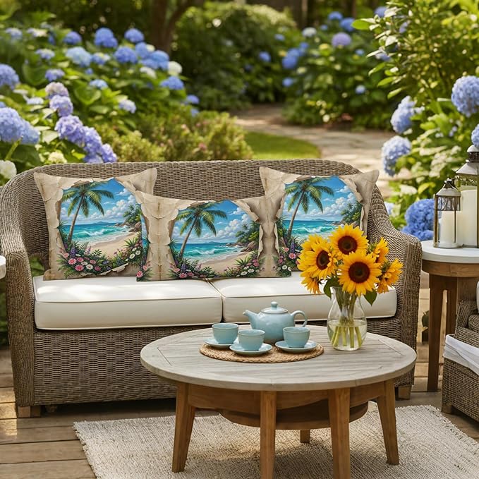Tropical Floral Botanical Outdoor Pillow Covers 24x24 Inch Throw Pillow Covers Set of 2 Waterproof Decorative Pillow Cases Palm Tree Summer Beach Cushion Covers for Patio Furniture Garden Couch Sofa