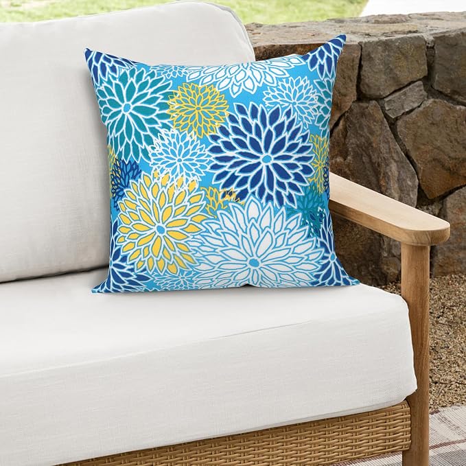 Outdoor Throw Pillows 16x16 Inch, Water Repellent Patio Pillows with Inners Set of 2 for Patio Furniture Home Garden, Dahlia Blue