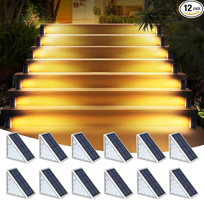 AUDLES LED Solar Step Lights Waterproof Outdoor Stair Lights, Warm White Solar Deck Lights IP67 Solar Decoration Lights for Yard, Patio, Garden, Walkways, Front Door, Pathway, Driveway, Porch 12 Pack
