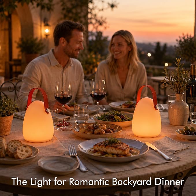 Set of 2 IP65 Waterproof Outdoor Rechargeable Table Lamps for Patio | RGBW Cordless Light, Cute Dimmable Ambient Portable Lantern for Garden, Camping, Balcony, Indoor Decor