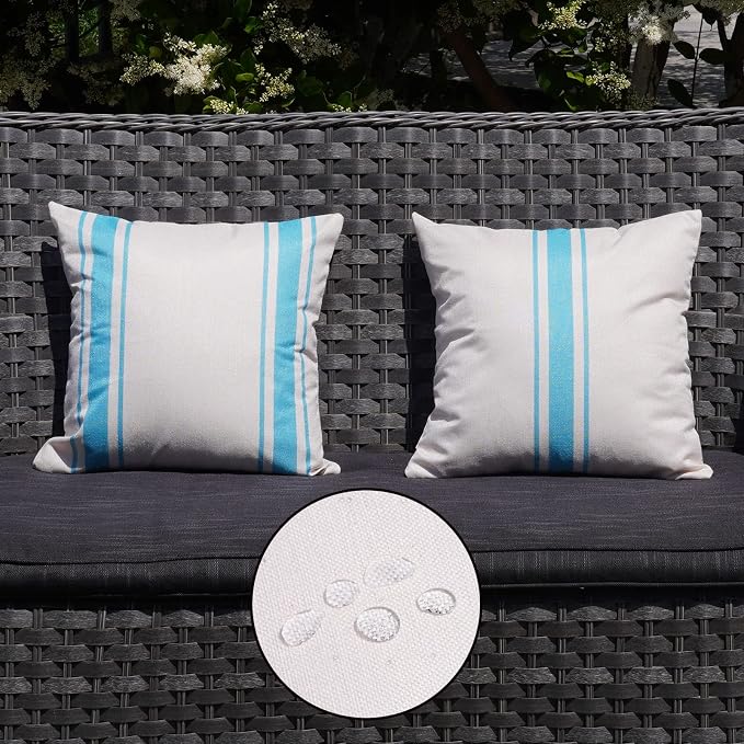 ONWAY Outdoor Pillow Covers Waterproof 16x16 Set of 2 Decorative Linen Throw Pillow Cover Beige and Blue Striped Outdoor Pillows for Patio Furniture