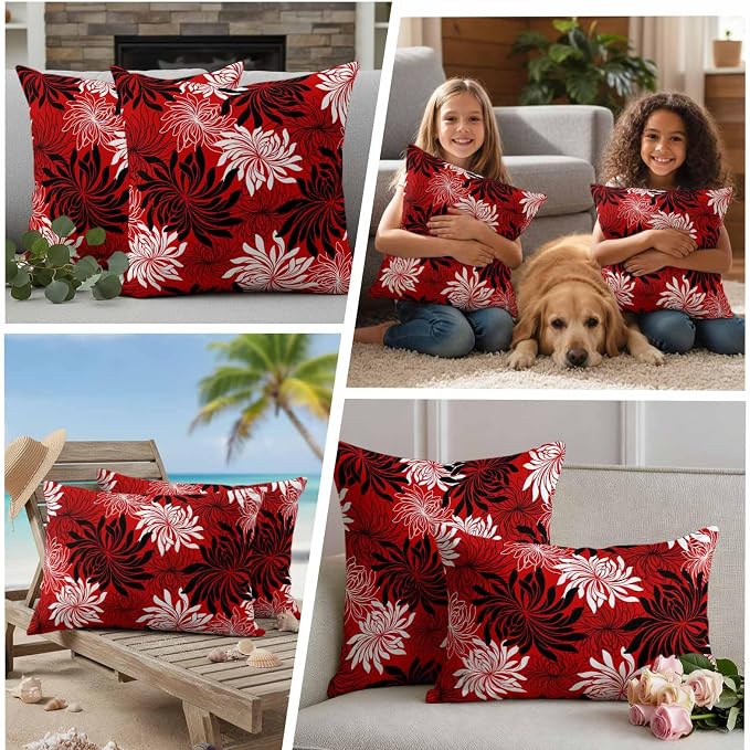 Yukro Red Black Floral Outdoor Waterproof Pillow Covers Pack of 2, Vintage White Black Flower Red Decorative Throw Pillowcases Cushion Covers for Garden Patio Tent Sofa Couch, 16x16 inch
