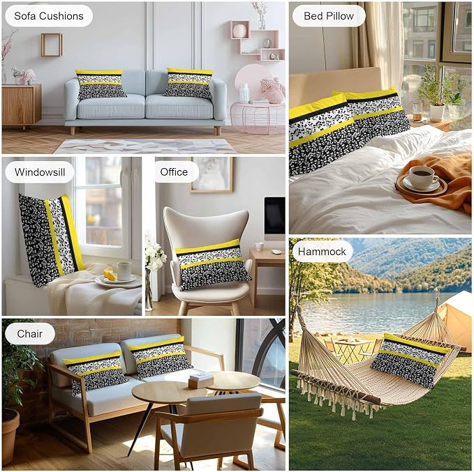 Black Yellow Outdoor Pillow Covers 20x12 Inch Lumbar Pillow Covers Set of 2 Waterproof Decorative Throw Pillow Cases Floral Stripe Aesthetic Flower Boho Cushion Covers for Patio Furniture