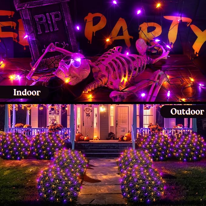 120LED Halloween Net Lights Outdoor, 5ft x 6ft Connectable Mesh Lights, 8 Modes 3.5V Low Voltage Waterproof Bush Lights for Trees, Bushes, Wedding, Party Decor (Orange/Purple, 1Pack)