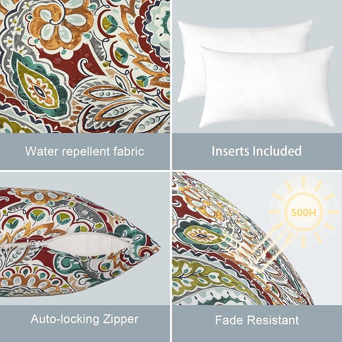 LVTXIII Outdoor/Indoor Lumbar Pillows, Decorative Patio Lumbar Cushions, Fluffy Fade Resistant Throw Pillow Cushions for Home Patio Coach Sofa, 12×20 Inch, Pack of 2, Paisley Chilli