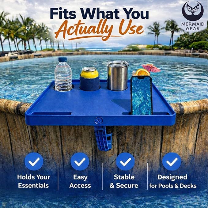 Adjustable Swimming Pool Table Serving Tray - Swim Pool Deck Patio Bar 4 Beverage Drink Cup Holders 2 Cell Phone Outdoor Portable Side UV Weather Resistant Above Ground Fountain