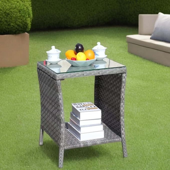 IRONORA Outdoor Wicker Side Table Patio Side Tables for Outside, Tempered Glass Top Wicker Table with Storage End Table for Balcony Porch Deck