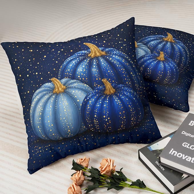 Fall Pillow Covers Autumn Blue Pumpkin Throw Pillow Covers 24x24 Set of 2 Thanksgiving Pillow Cases Harvest Gold Dotted Pumpkins Cushion Cases for Home Farmhouse Sofa Couch