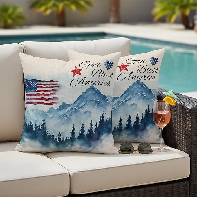 4th of July Outdoor Pillow Covers 20x20 Inch Throw Pillow Covers Set of 2 Waterproof Decorative Pillow Cases Independence Day American Flag Forest Cushion Covers for Patio Furniture Garden Couch Sofa