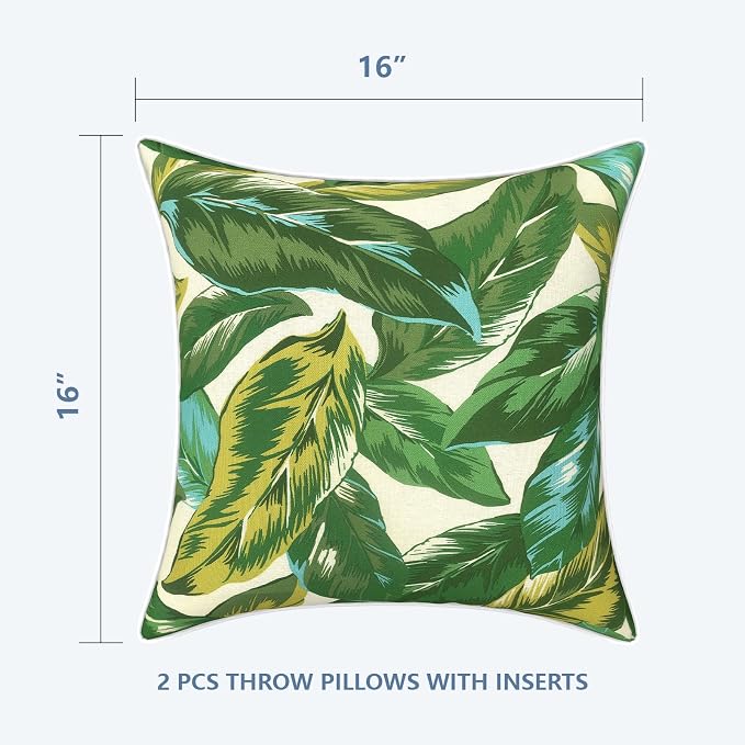 LVTXIII Outdoor Throw Pillows Set of 2, Patio Waterproof Pillows Fade Resistant Accent Pillows for Home and Garden Furniture Decoration, 16x16 Inch, Lush Leaf Jungle
