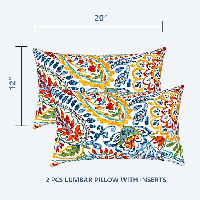 LVTXIII Set of 2 Patio Lumbar Pillows, 12”x20” Fade Resistant Outdoor Lumbar Pillow with Inners, Fluffy Decorative Garden Lumbar Cushions for Home Patio Coach Sofa Use, Paisley Multi