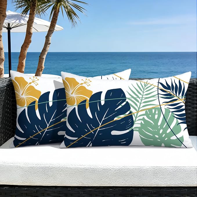 OTOSTAR Outdoor Waterproof Throw Pillow Covers 12x20 Inch Set of 2 Double-Sided Dark Blue Yellow Tropical Leaf and Flower Spring Summer Decorative Pillow Cases for Patio Funiture Garden Balcony Couch