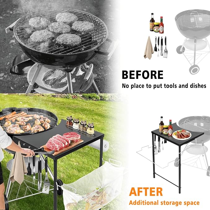 Grill Side Table for Weber Kettle 22/26, for Weber Smokey Mountain 22 Grill, Grill Work Table for Weber Master Touch, Premium, Kettle Grill Accessories, Adjustable Height Charcoal Kettle Grill Table