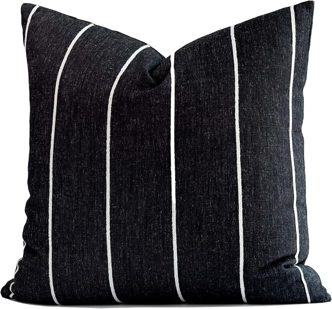 Modern Farmhouse Fall Linen Indoor Outdoor Throw Pillow Cover Only, 22"x22" Water Repellent for Patio, Backyard, Couch, Black Neutral Vertical Stripes
