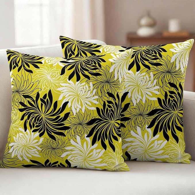 Yukro Yellow Black Floral Outdoor Waterproof Pillow Covers Pack of 2, Vintage Yellow White Black Flower Decorative Throw Pillowcases Cushion Covers for Garden Patio Tent Sofa Couch, 24x24 inch