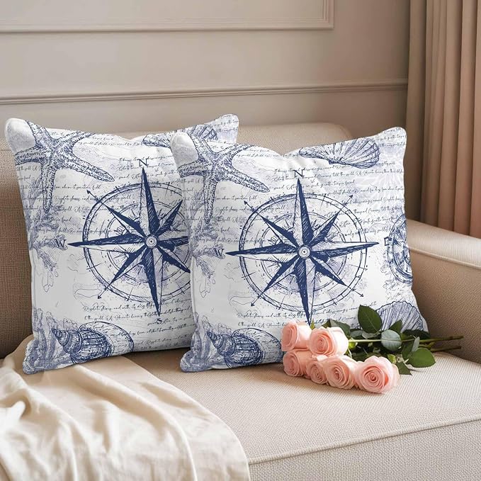 Vintage Nautical Outdoor Waterproof Throw Pillow Covers Set of 2, 26"x26", Summer Navy Blue Compass Shell Starfish Map Decorative Pillow Covers Outside Cushion Case for Patio Porch Garden