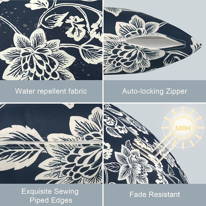 LVTXIII Set of 2 Patio Lumbar Pillow Covers ONLY, 12" x 20" Fade Resistant Outdoor Lumbar Pillow Cases,Decorative Garden Lumbar Cushion Covers for Patio Coach Sofa Use, Elegant Vines Navy