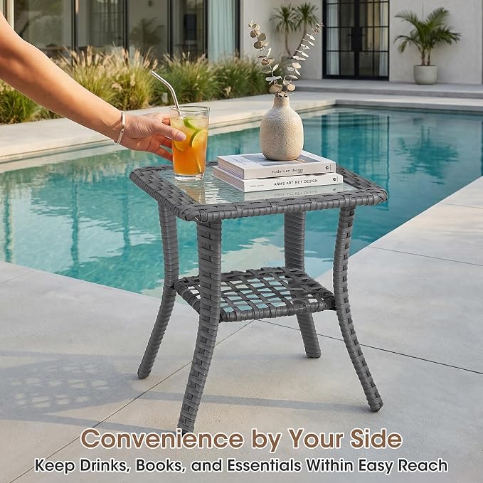 3 Piece Patio Furniture Set, Grey Wicker Outdoor Conversation Set with 2 Wicker Chairs and Side Table, 6-Inch Thick Cushions, High Back Seating, Beige Olefin Covers for Porch, Deck